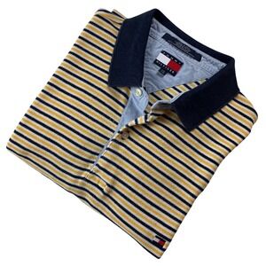Vintage Tommy Hilfiger Striped Polo Shirt Mens XXL Yellow Navy Blue 2002 Cotton
